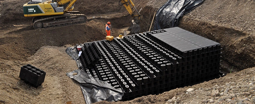 moderne Technik für Regenwassermanagement am Flughafenparkplatz